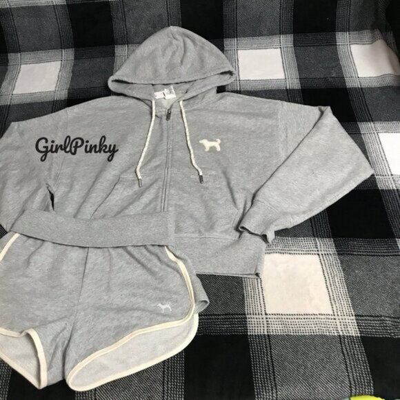 VS PINK IVY TERRY SHORTS OUTFIT & FULL ZIP IN GREY WITH LOGO ON THE BUTT XS-XXL - Picture 4 of 7